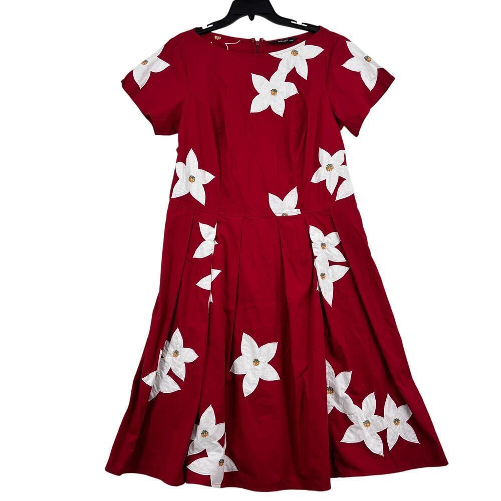 Eshakti Dress Red White Applique Floral Pleated Skirt Rockabilly Cotton Size M/L